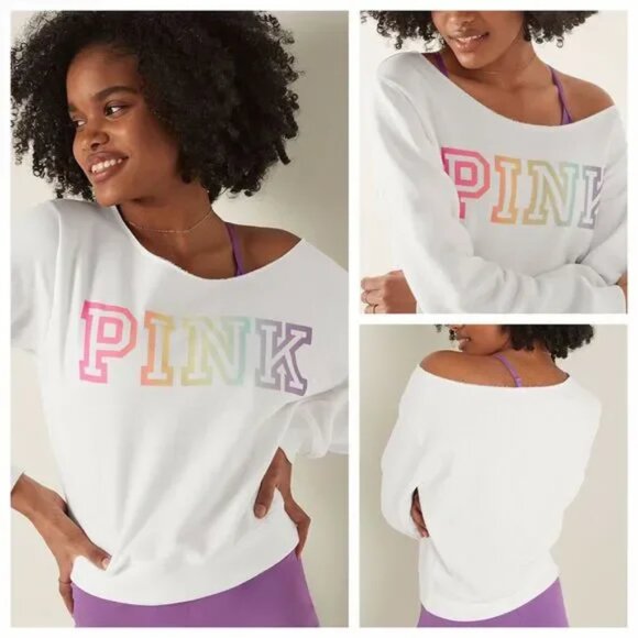 Vs Victorias Secret Pink Everyday Lounge Crop Crew Off-shoulder Sweat Rainbow M - Picture 1 of 7